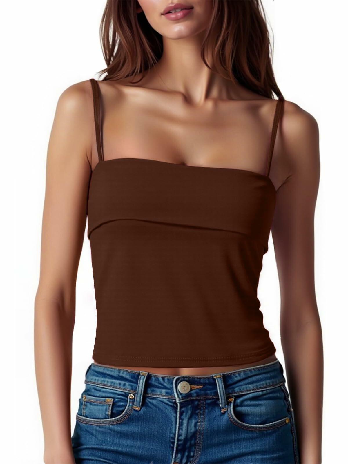 ZANZEA Adjustable Spaghetti Strap Tank Top Brown Size Small