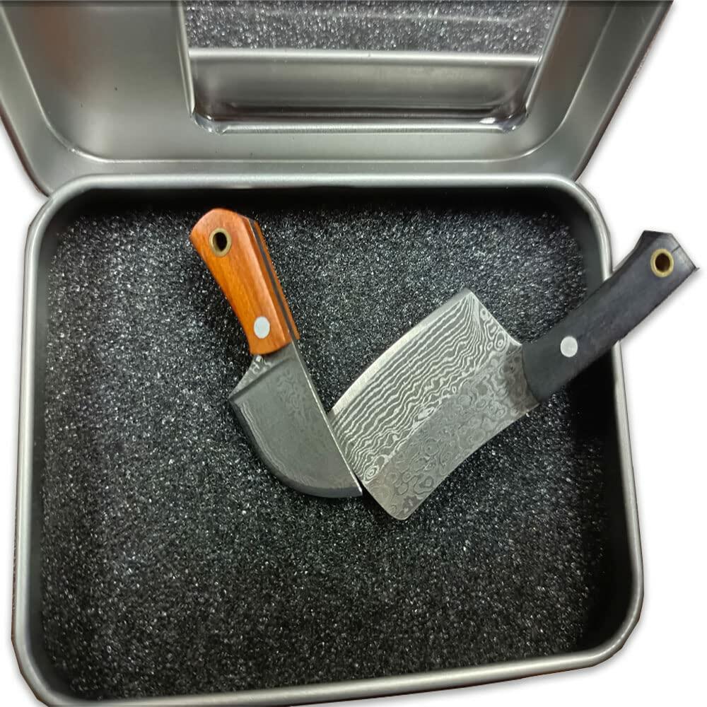 KOWAKA Mini Pocket Knives Set 2 Damascus Pattern Tiny Knife with Sheath