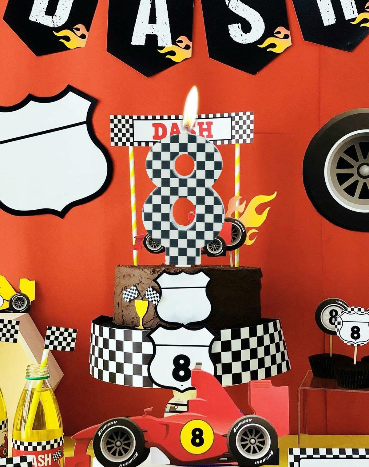 Racing Car Number 8 Birthday Candle Topper Checkered Cake Decor for Kids
