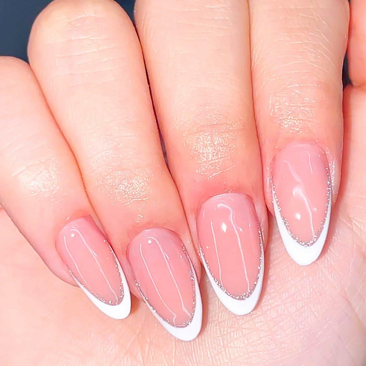 RUOKEXIN Almond Medium Pink Press On Nails Silver Glitter White Tips 24pcs