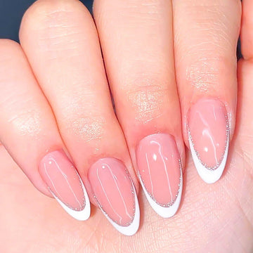 RUOKEXIN Almond Medium Pink Press On Nails Silver Glitter White Tips 24pcs