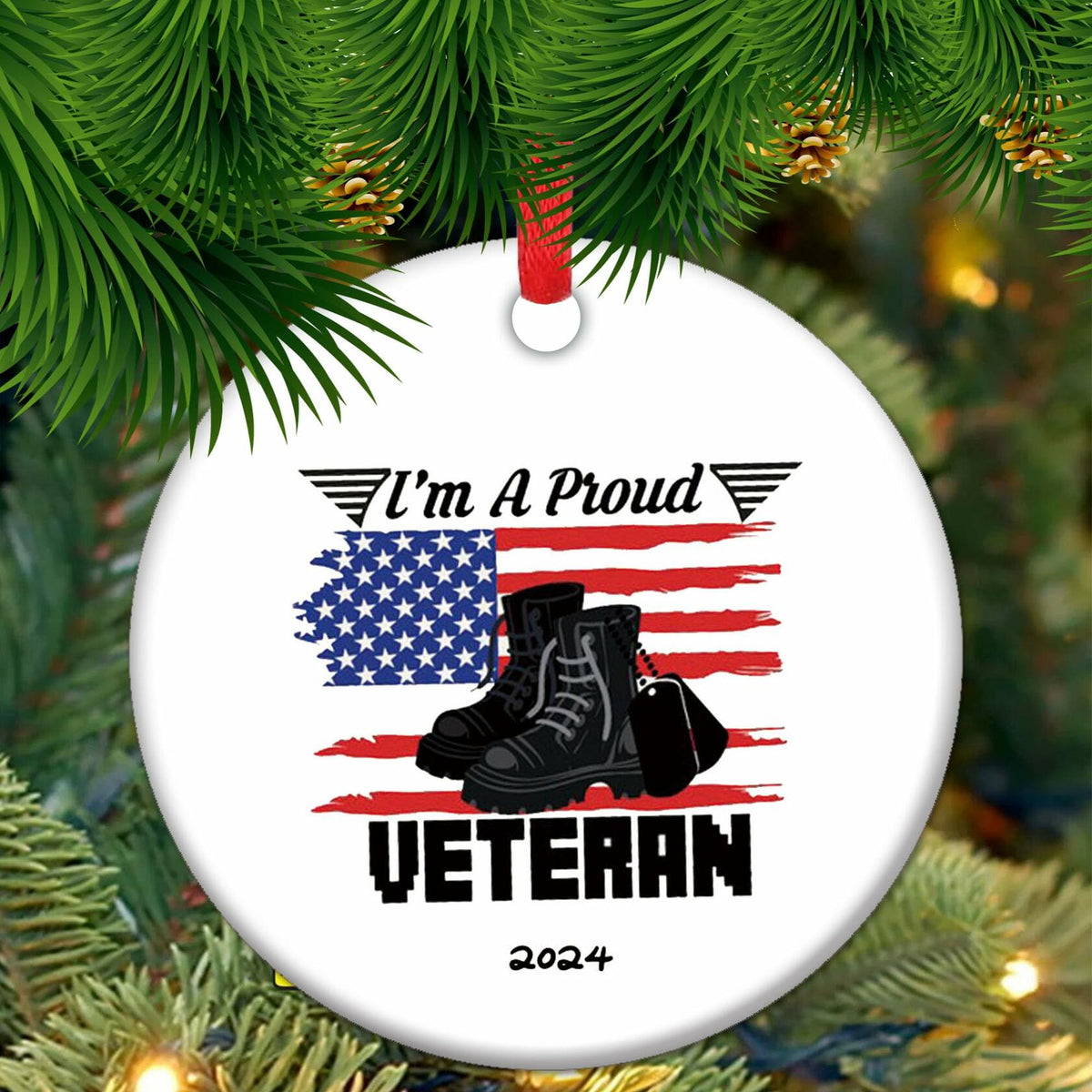 Veteran 2024 Military Ornament with US Flag Proud Army Veteran