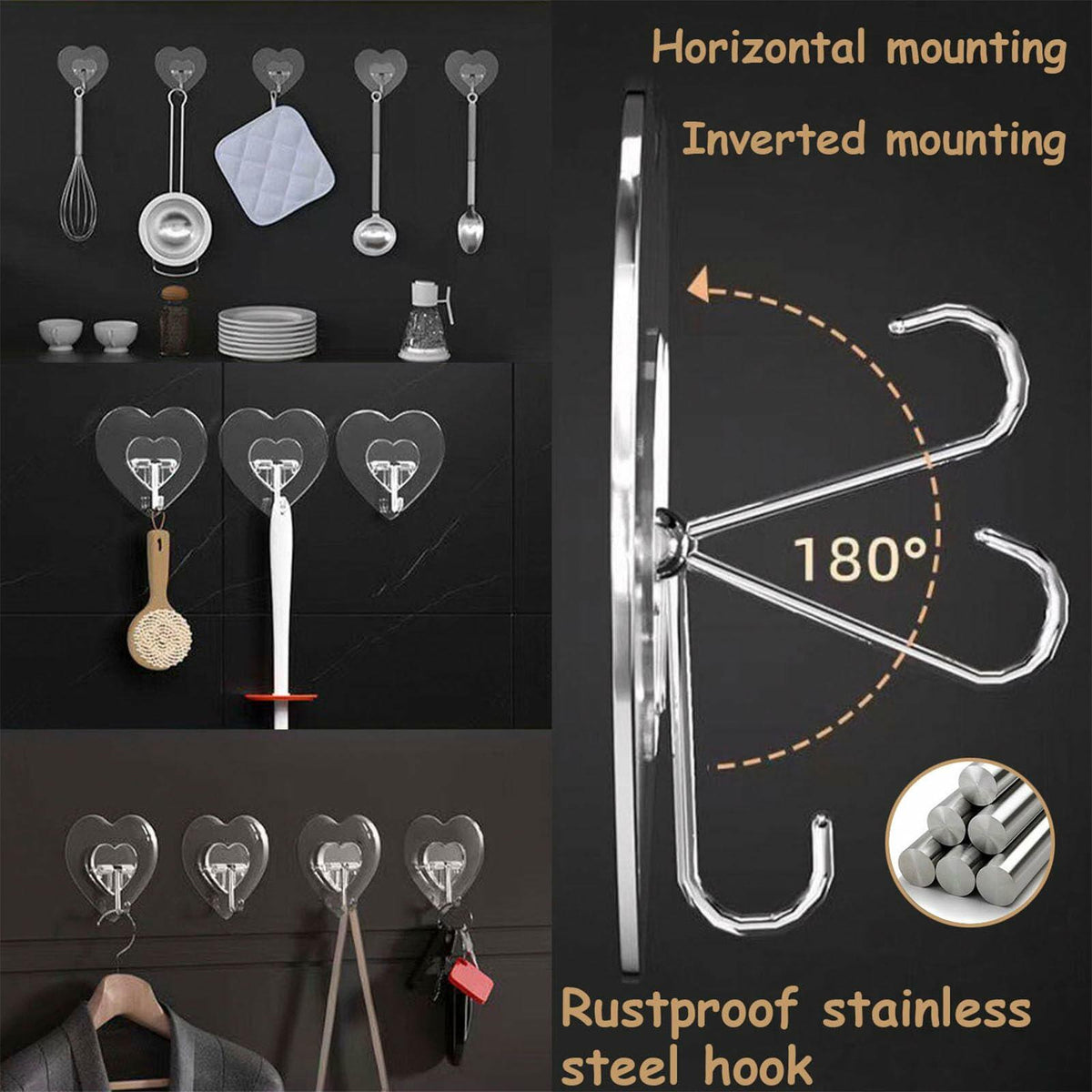 TocTen Adhesive Hooks 12 Pack Heavy Duty Clear Waterproof 30lb Max Load