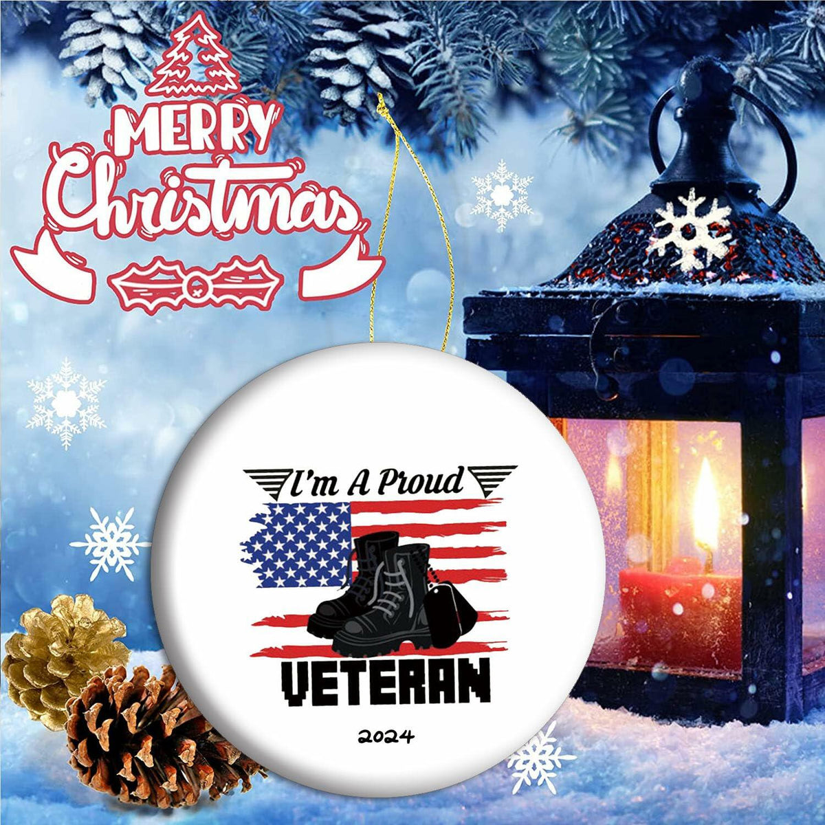 Veteran 2024 Military Ornament with US Flag Proud Army Veteran