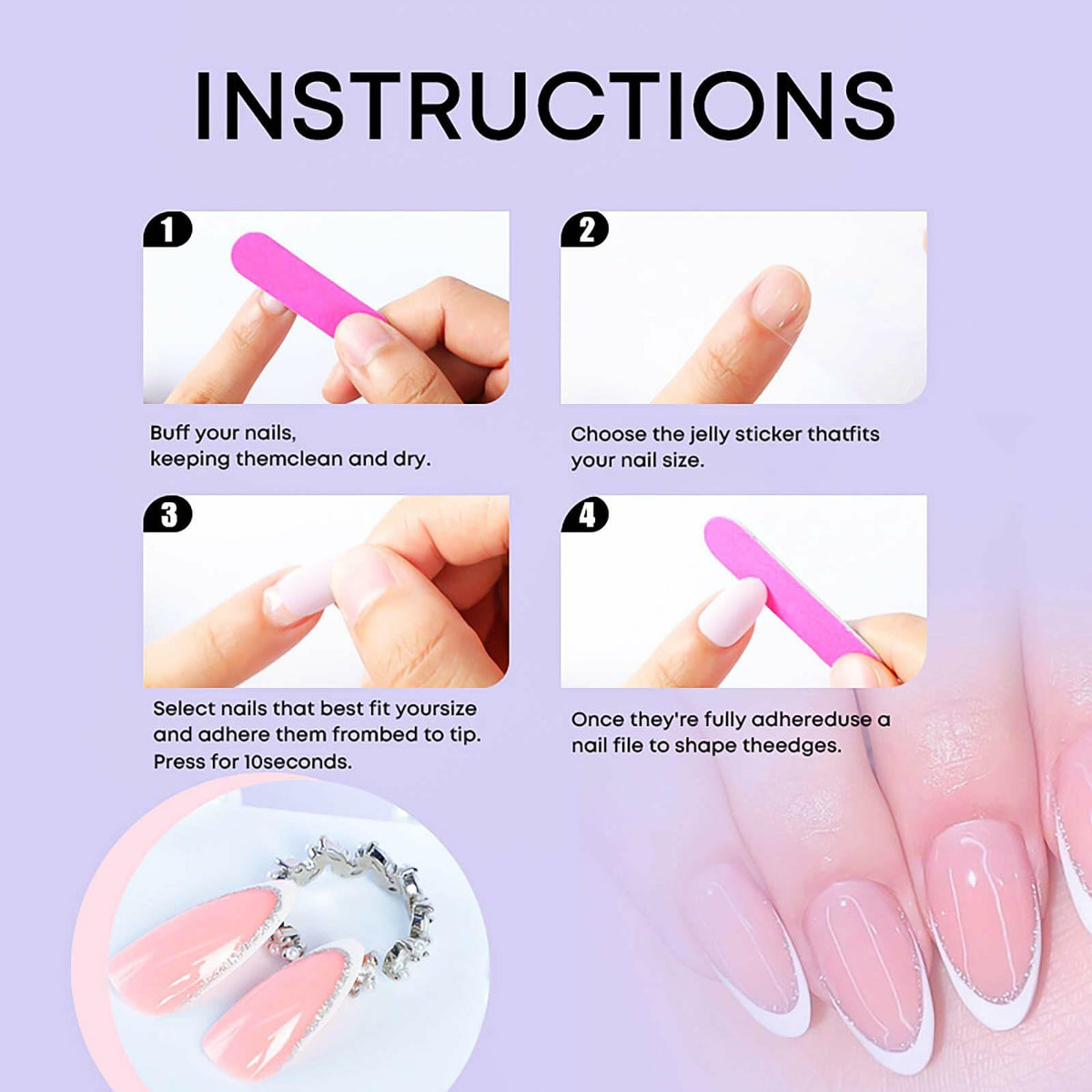 RUOKEXIN Almond Medium Pink Press On Nails Silver Glitter White Tips 24pcs