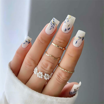 RUOKEXIN Acrylic Press On Nails Short Square Pink Gold Glitter 24Pcs