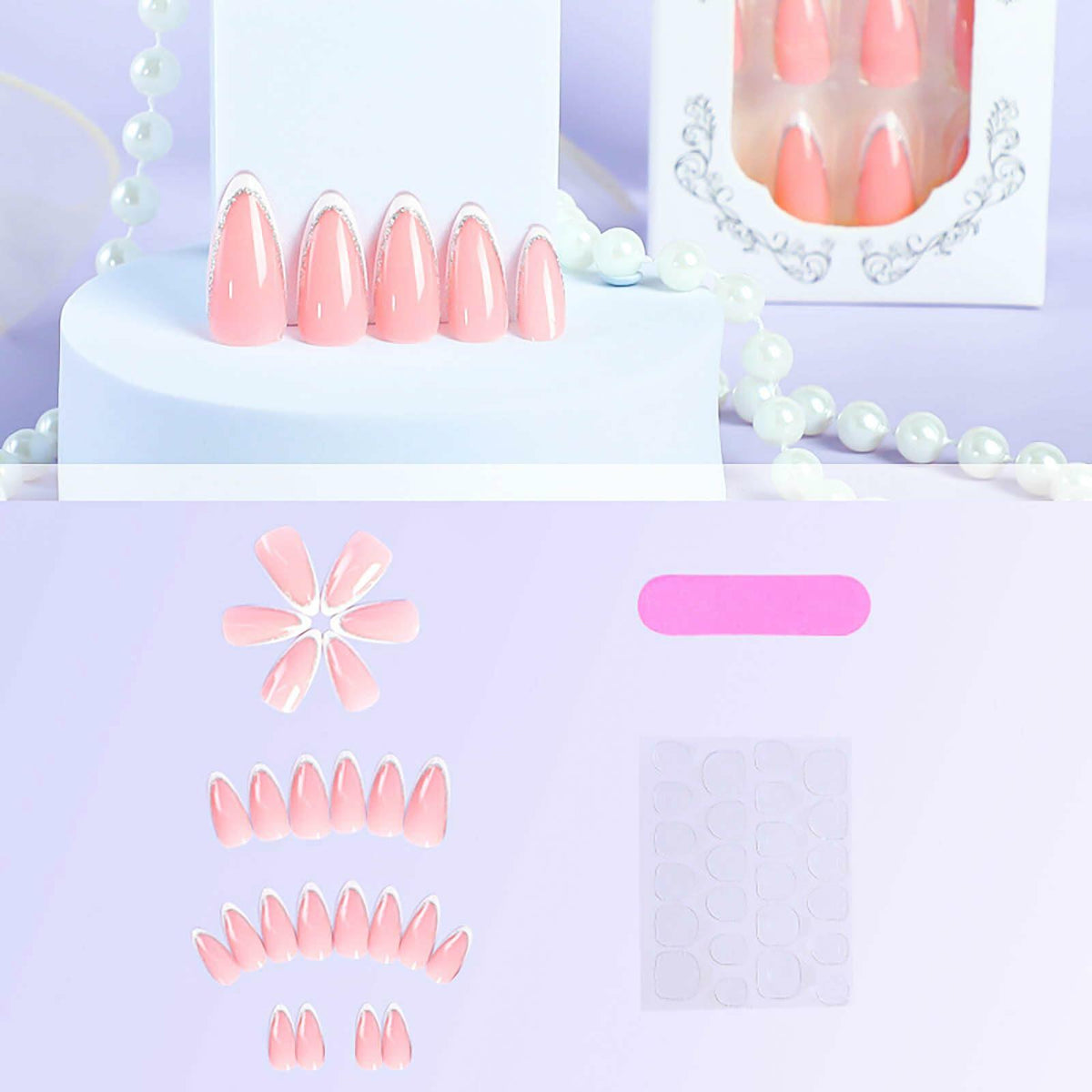 RUOKEXIN Almond Medium Pink Press On Nails Silver Glitter White Tips 24pcs