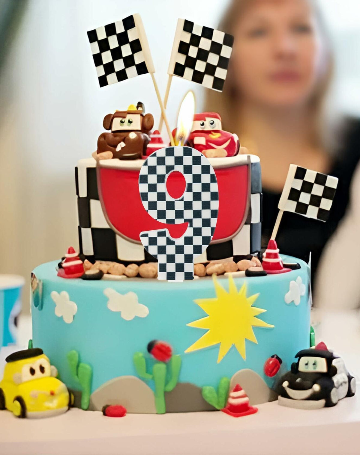 Racing Car Number 8 Birthday Candle Topper Checkered Cake Decor for Kids