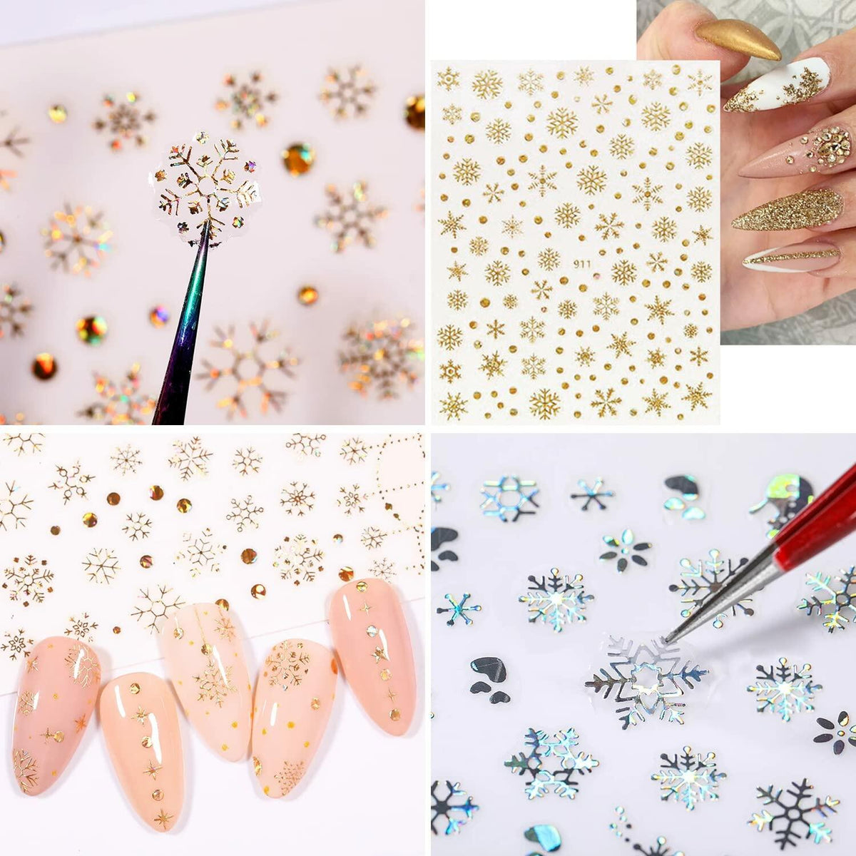 12 Sheets 3D Snowflake Nail Art Stickers Holographic Laser Gold Silver Xmas