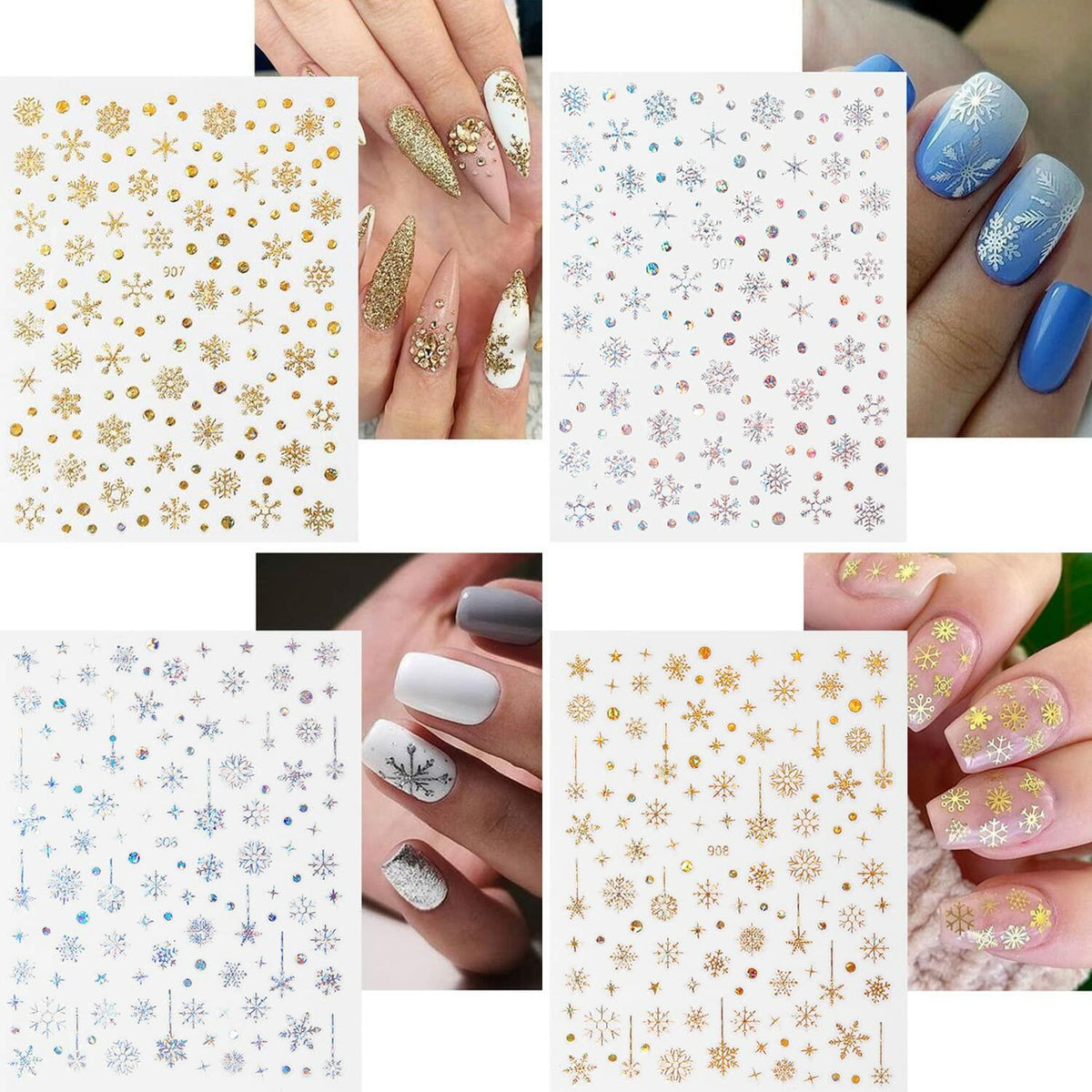 12 Sheets 3D Snowflake Nail Art Stickers Holographic Laser Gold Silver Xmas