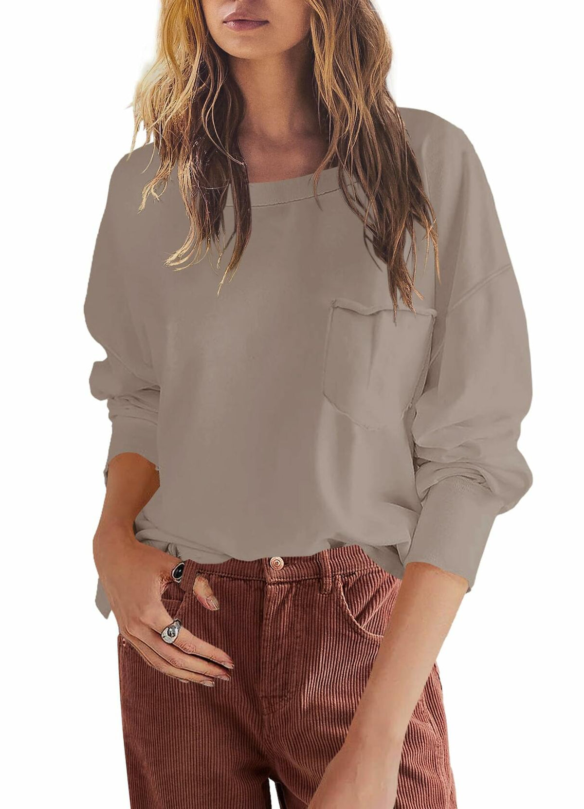 SENSERISE Womens Crewneck Sweatshirt Long Sleeve Pockets Khaki Size S