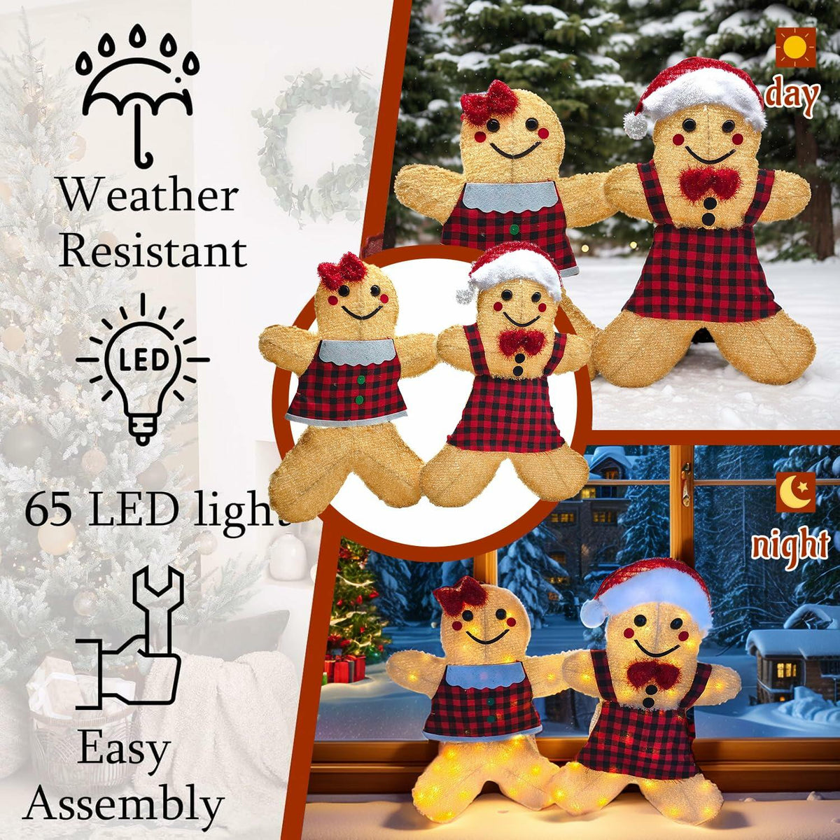ATTBEA 2FT Pre-lit Gingerbread Man Yard Decoration Set of 2 Warm White LEDs