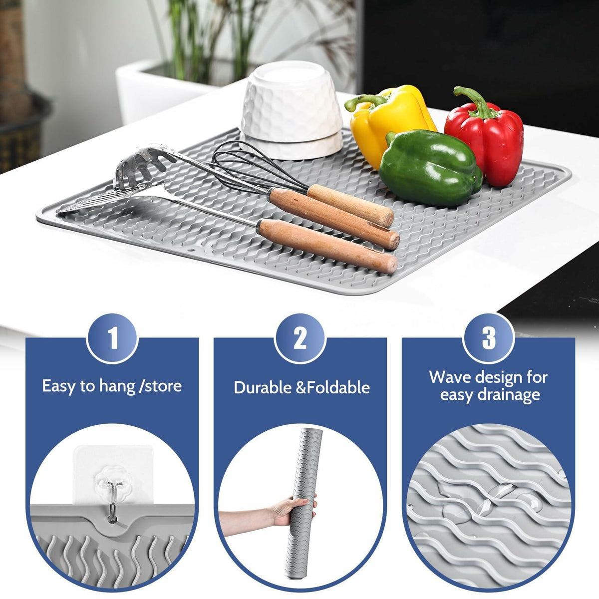 Silicone Dish Drying Mat Heat-Resistant Non-Slip Grey 15.7x17.7 Inch