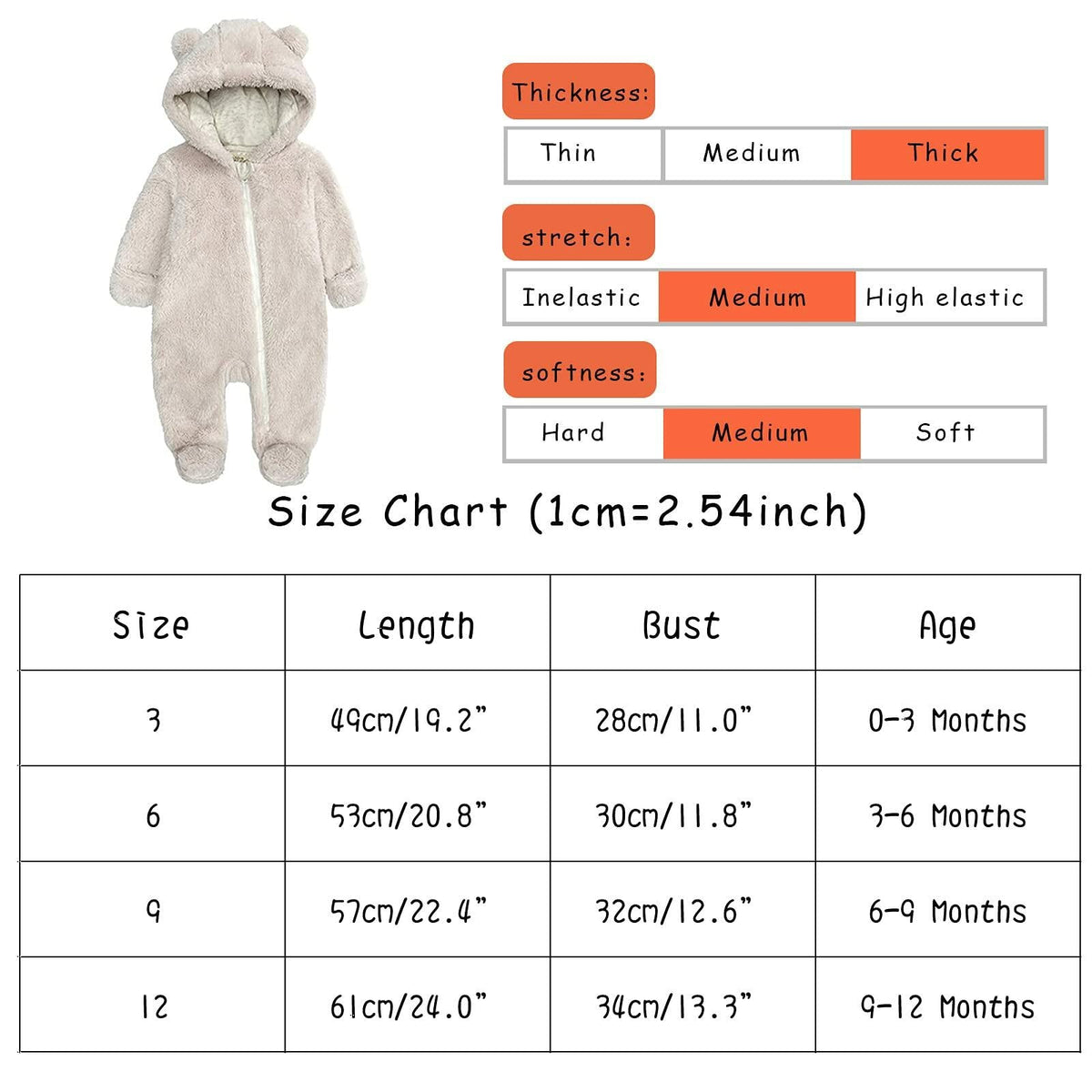 Baby Hooded Fleece Jumpsuit Snowsuit Bear Ears Warm 6-9 Months