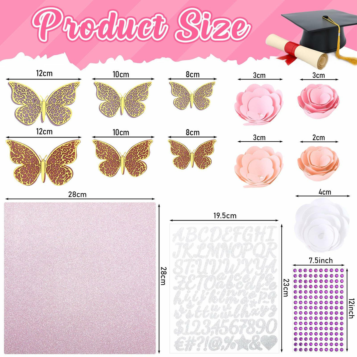 Knitgrip Graduation Cap Decoration Kit 98 Pc Pink Faux Flowers Butterfly