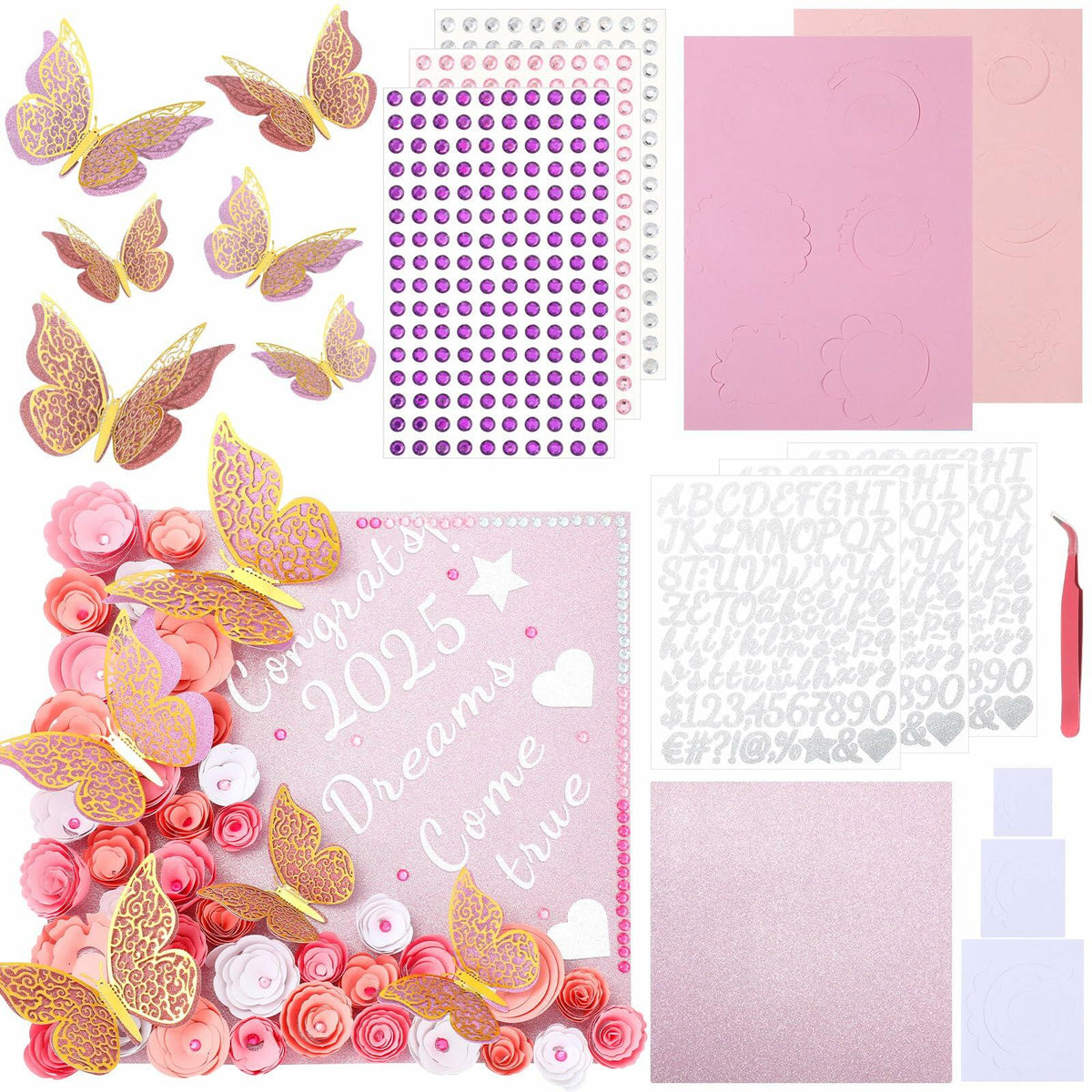 Knitgrip Graduation Cap Decoration Kit 98 Pc Pink Faux Flowers Butterfly