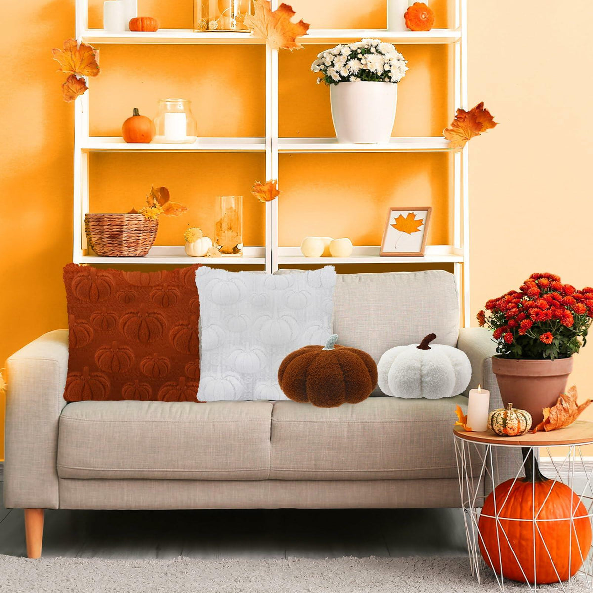 Beeveer 4 Pcs Pumpkin Throw Pillows 18x18in Brown White Sofa Cushion Covers