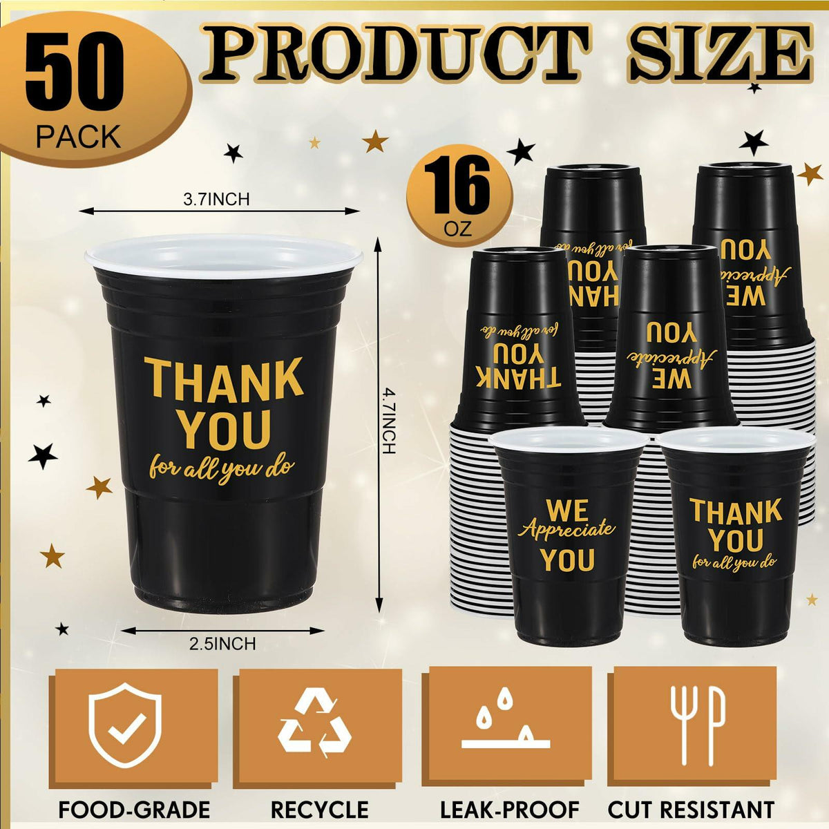 Jingmore 50 Pcs 16oz Disposable Bridal Shower Cups Black Gold