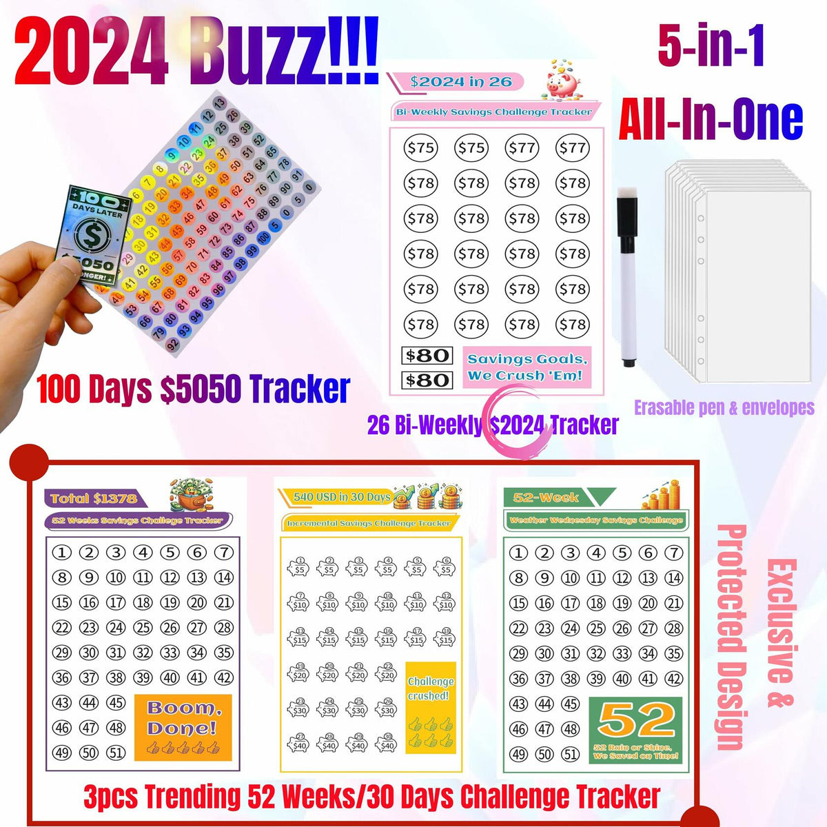 100 Envelope Challenge Binder 5-in-1 Budget Planner Shining Silver