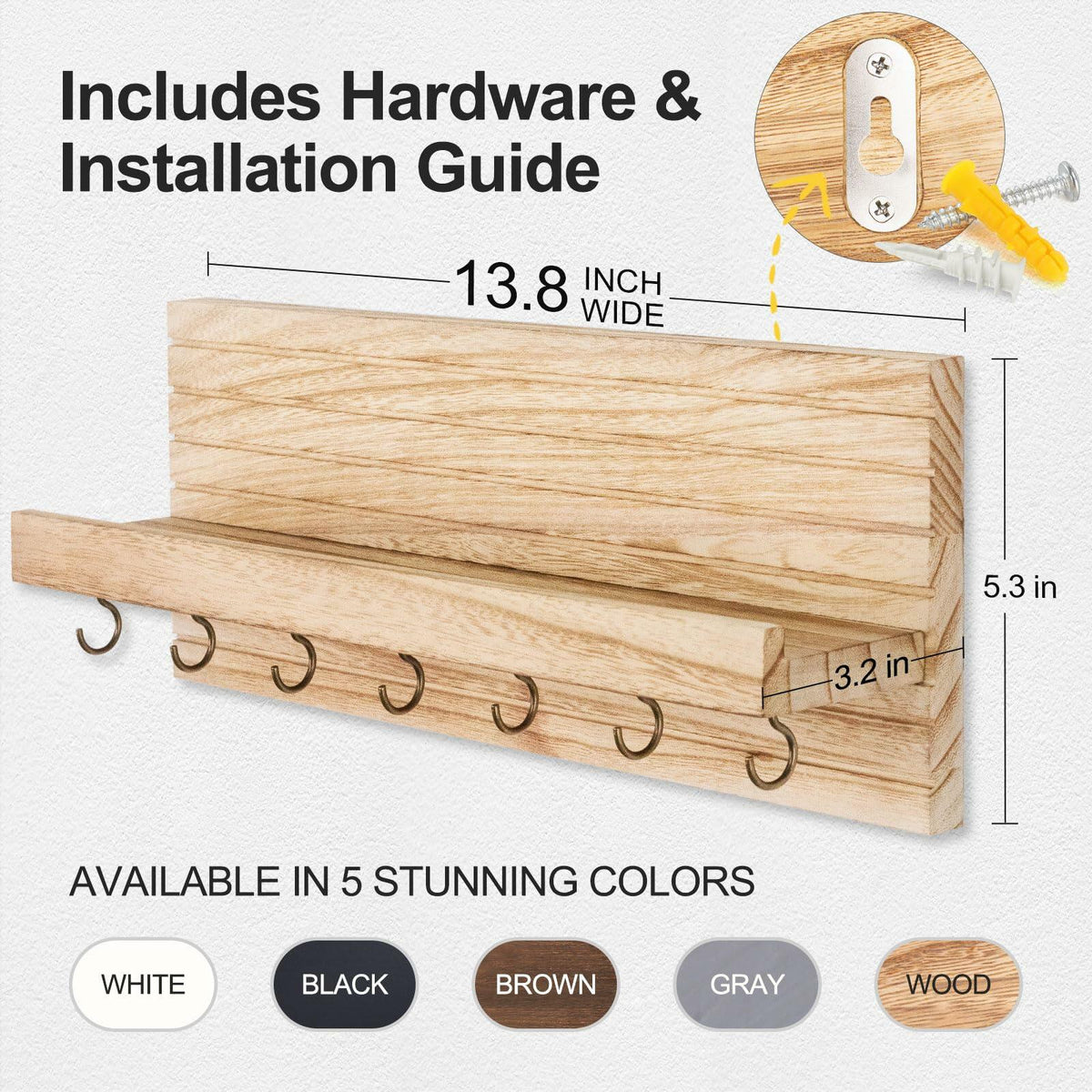 Lwenki Wall Mount Key Holder with 7 Hooks & Shelf 13.8x5.3x3.2 Inches