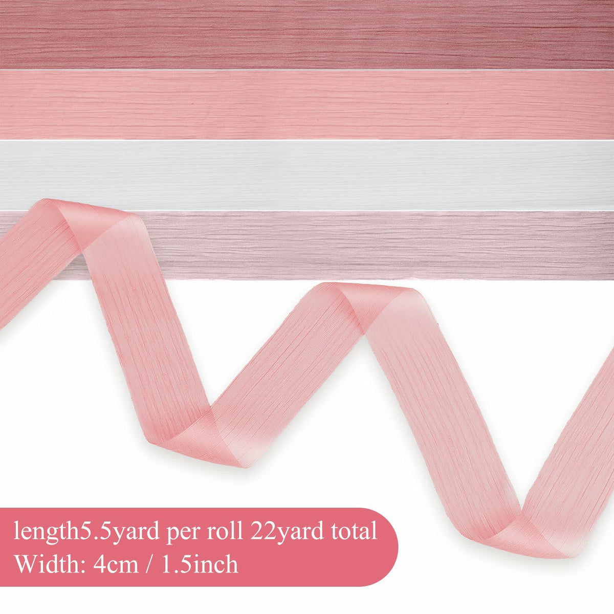 Lyrow 4 Rolls Crinkle Chiffon Ribbon 1.5in 22yd Light Pink Handmade Tulle
