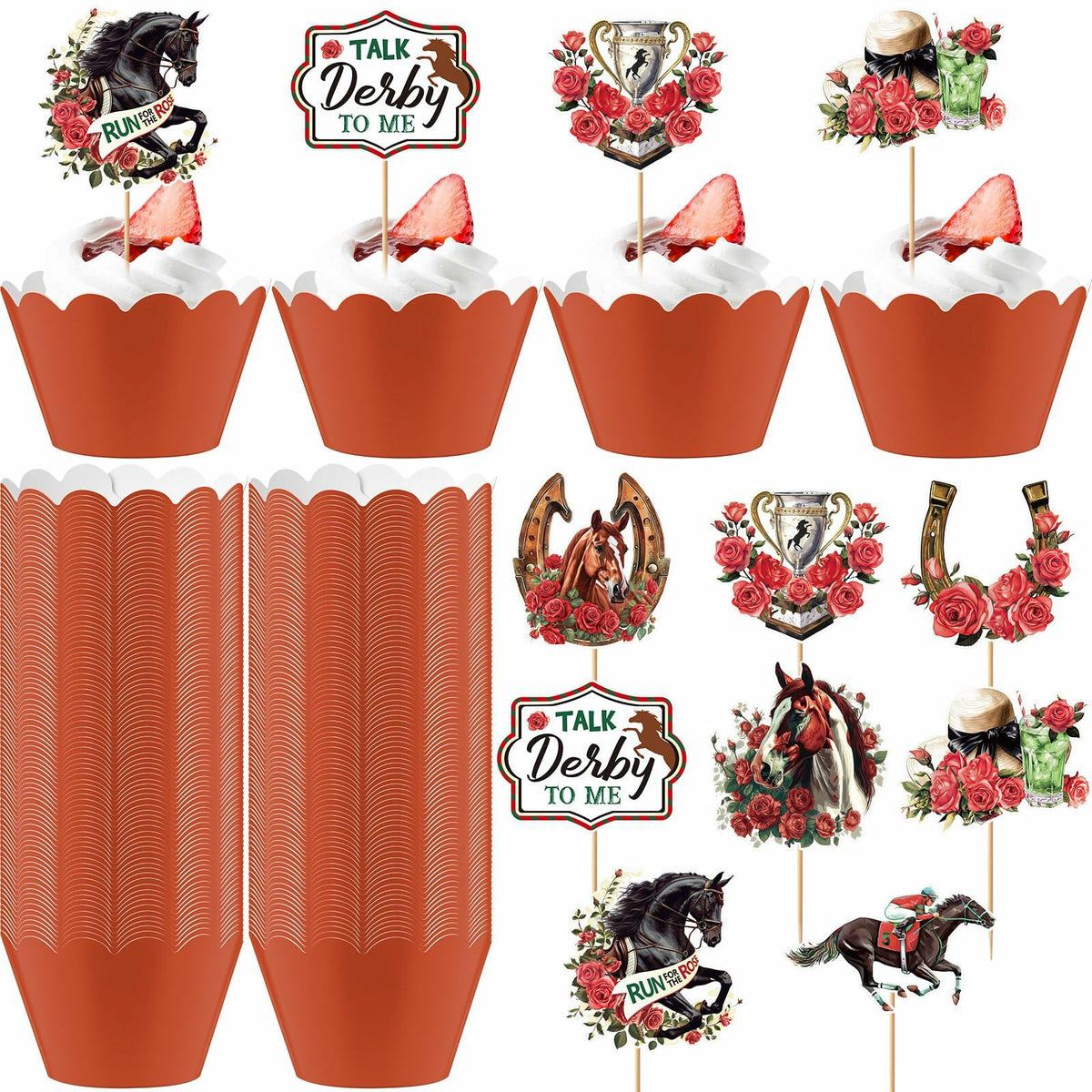 Kosiz 100 Pcs Horse Derby Cupcake Toppers Racing Party Supplies Kit