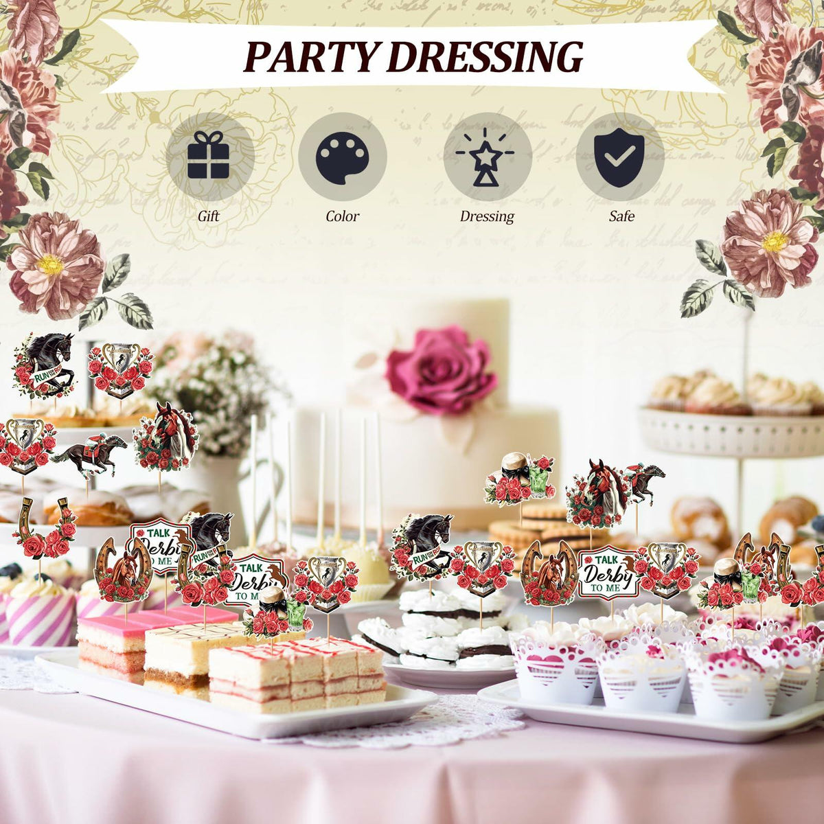 Kosiz 100 Pcs Horse Derby Cupcake Toppers Racing Party Supplies Kit