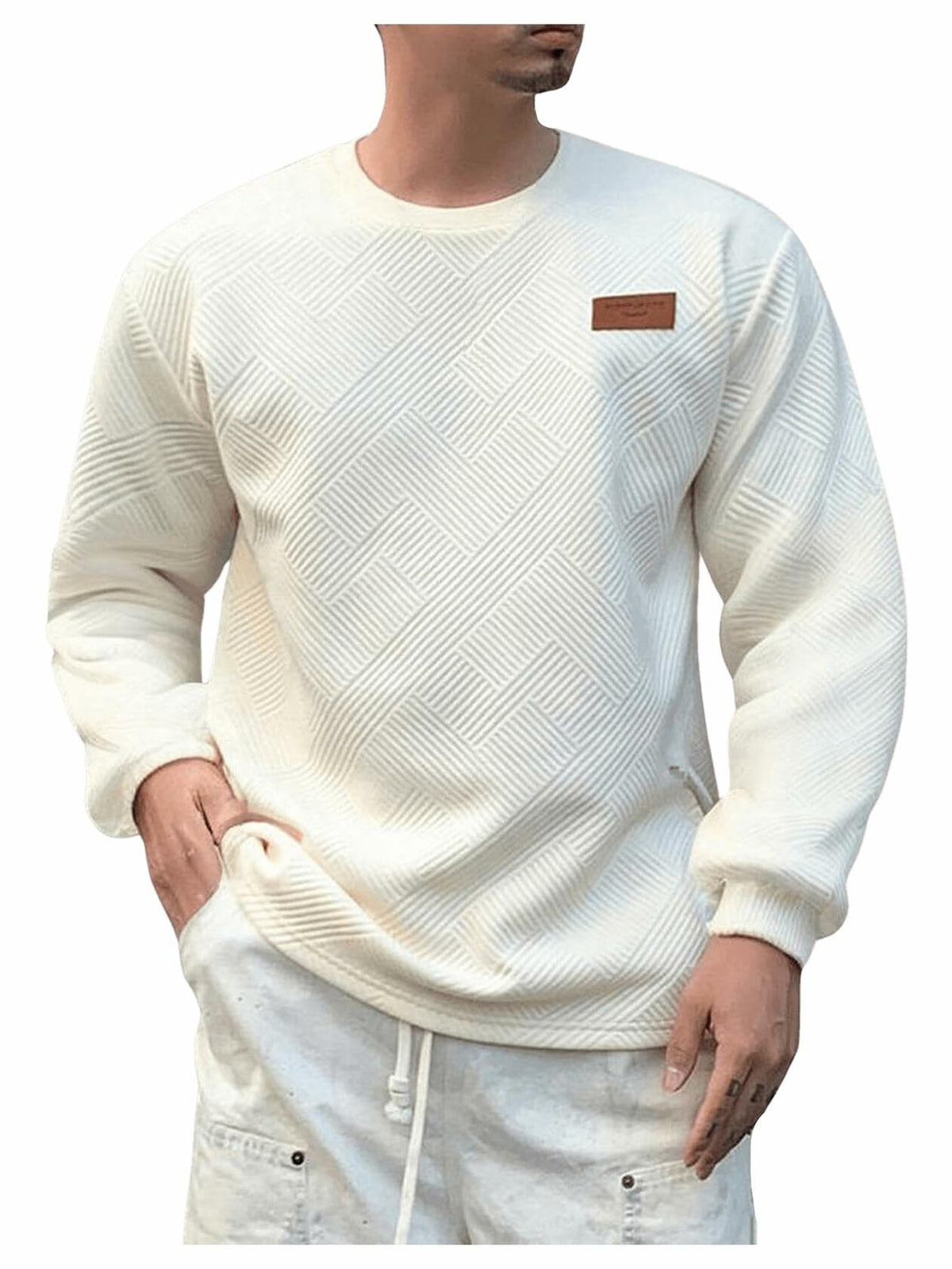 Verdusa Men's Ribbed Round Neck Long Sleeve T-Shirt Beige Size XL