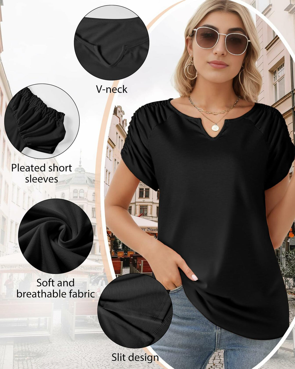 AURUZA Women's V Neck Short Sleeve Casual Shirt Blue Size S