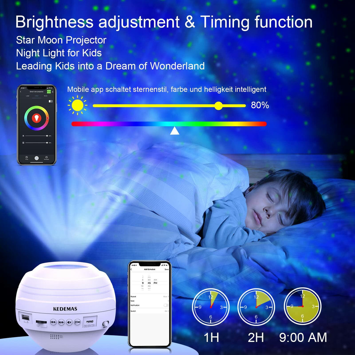 KEDEMAS Galaxy Projector with APP Remote Music Speaker Timer White