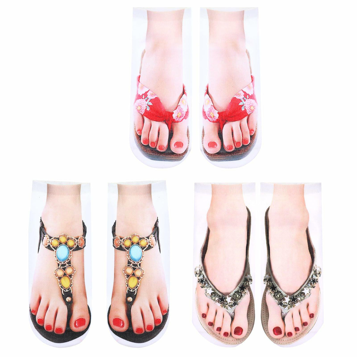 AHQiZFX Girls Flip Flop Socks 3D Print Pattern 3 Pairs Multi-color - One Size