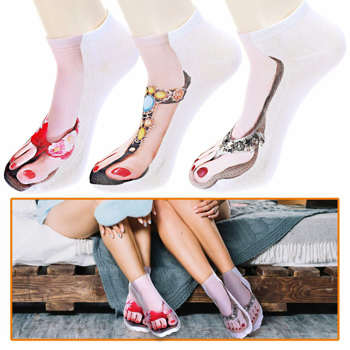 AHQiZFX Girls Flip Flop Socks 3D Print Pattern 3 Pairs Multi-color - One Size