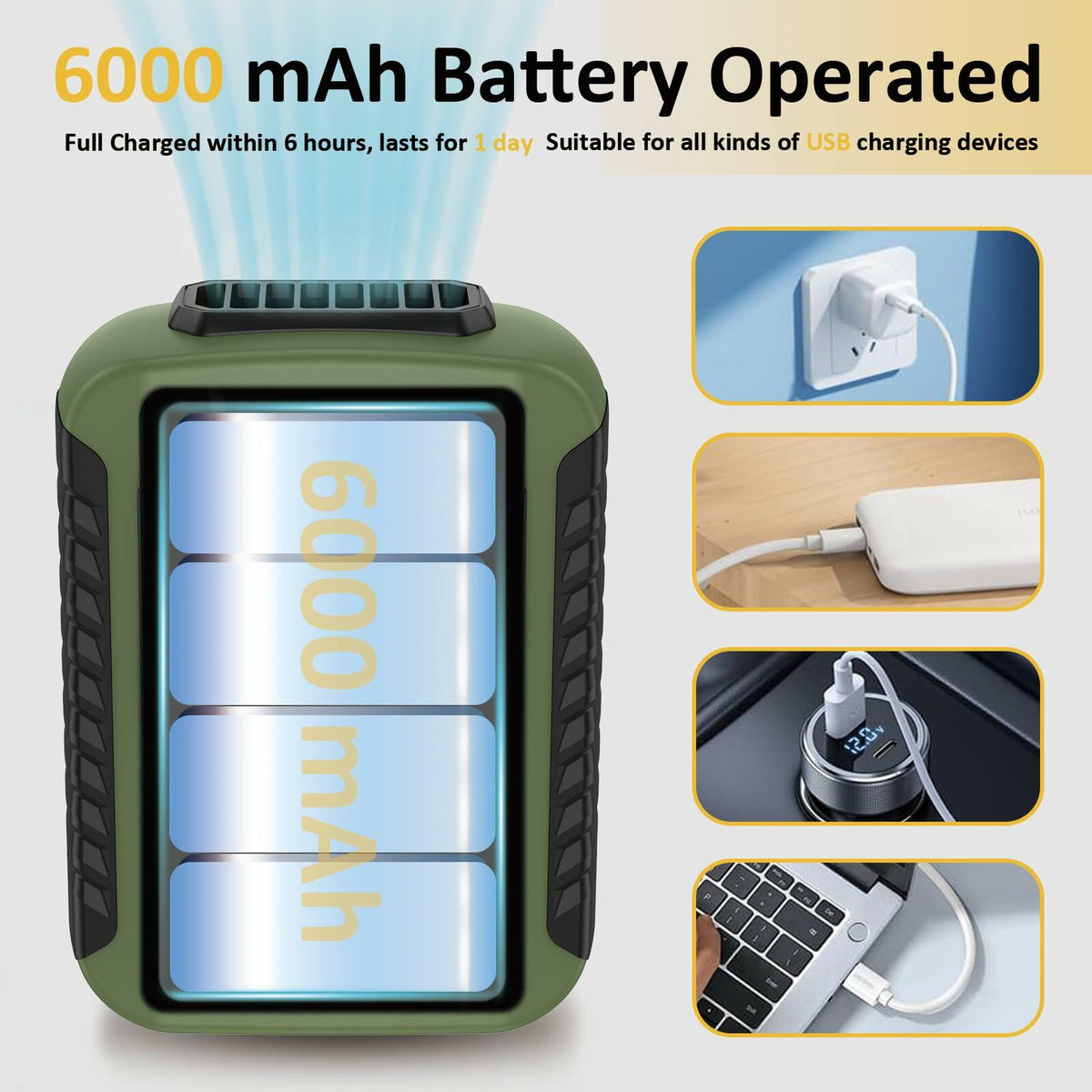 Portable Waist Clip Fan Rechargeable 6000mAh 20H 3-Speed Green
