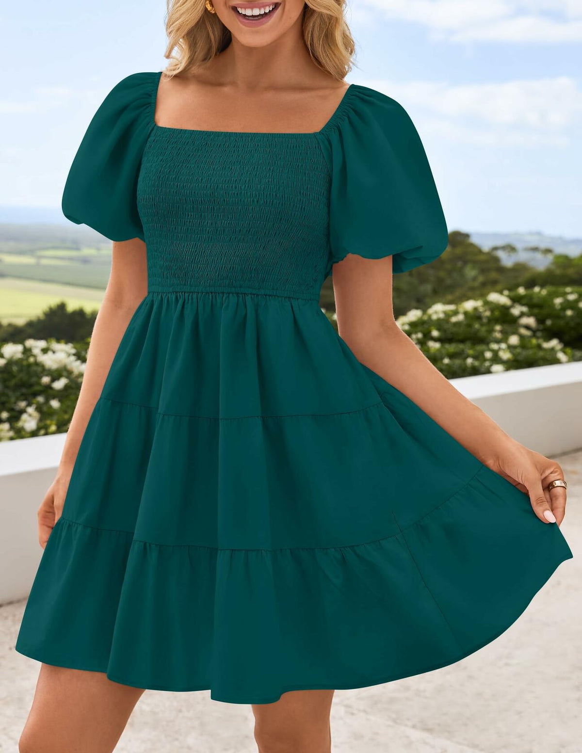 ZESICA Women's Boho Puff Sleeve Smocked Mini Dress Teal Size Small 2025