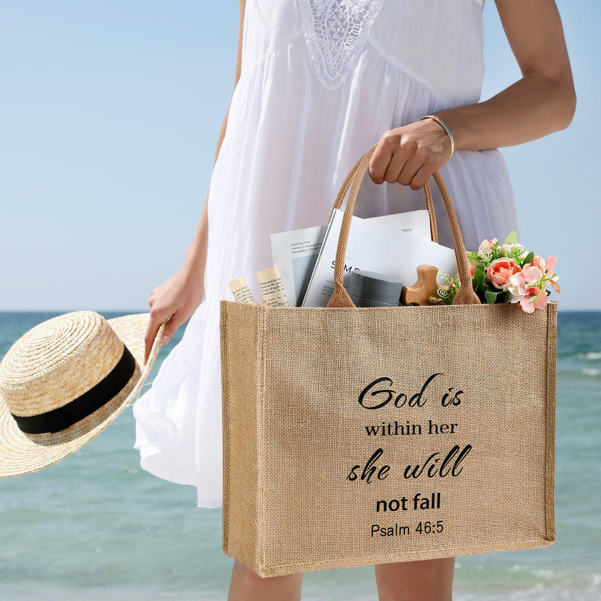 4 Pack Church Mother's Day Burlap Tote Bags 15.3x12x6 Inch Brown Handle