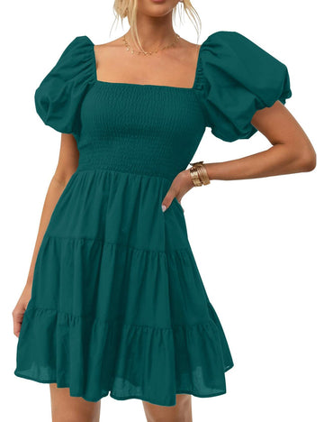 ZESICA Women's Boho Puff Sleeve Smocked Mini Dress Teal Size Small 2025