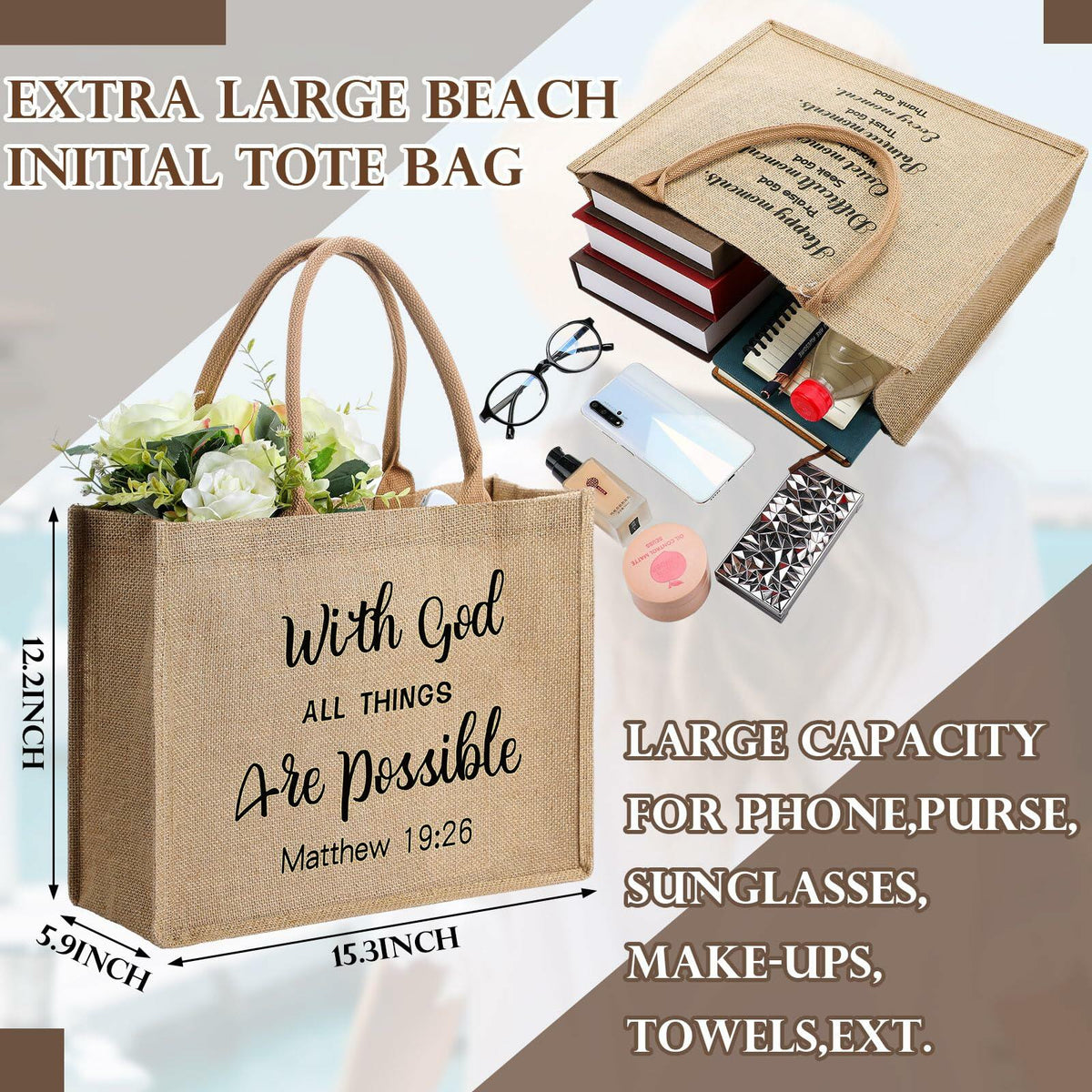 4 Pack Church Mother's Day Burlap Tote Bags 15.3x12x6 Inch Brown Handle
