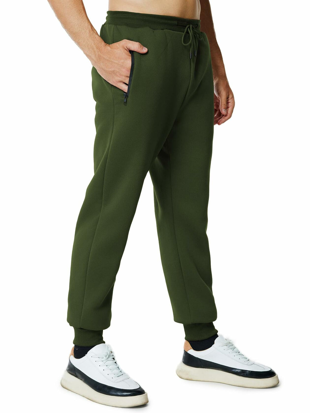 Menoio Mens Fleece Jogger Sweatpants Zipper Pockets Drawstring Green Size XL