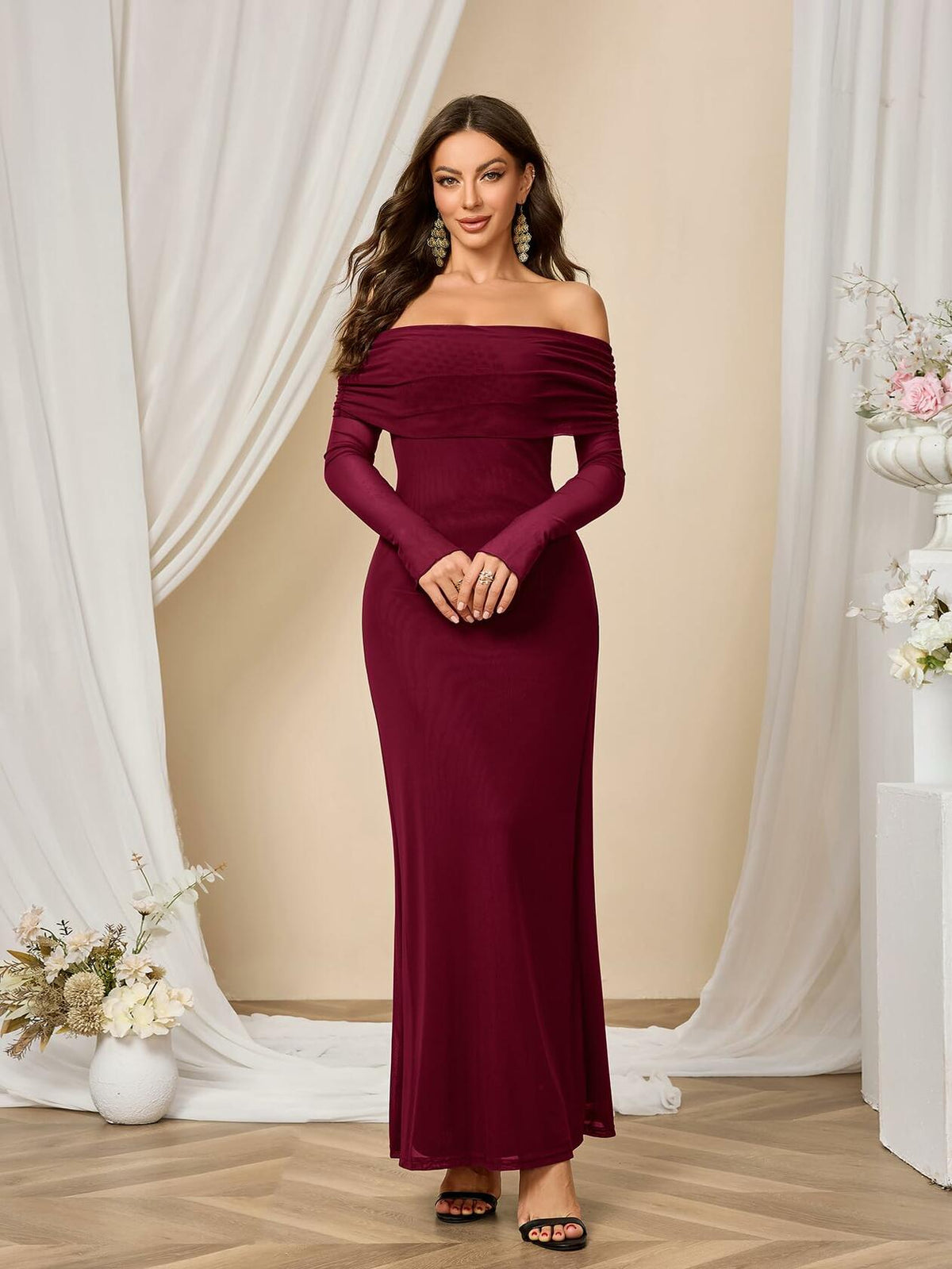 Colysmo Women Off Shoulder Mesh Bodycon Maxi Dress Burgundy Size XL