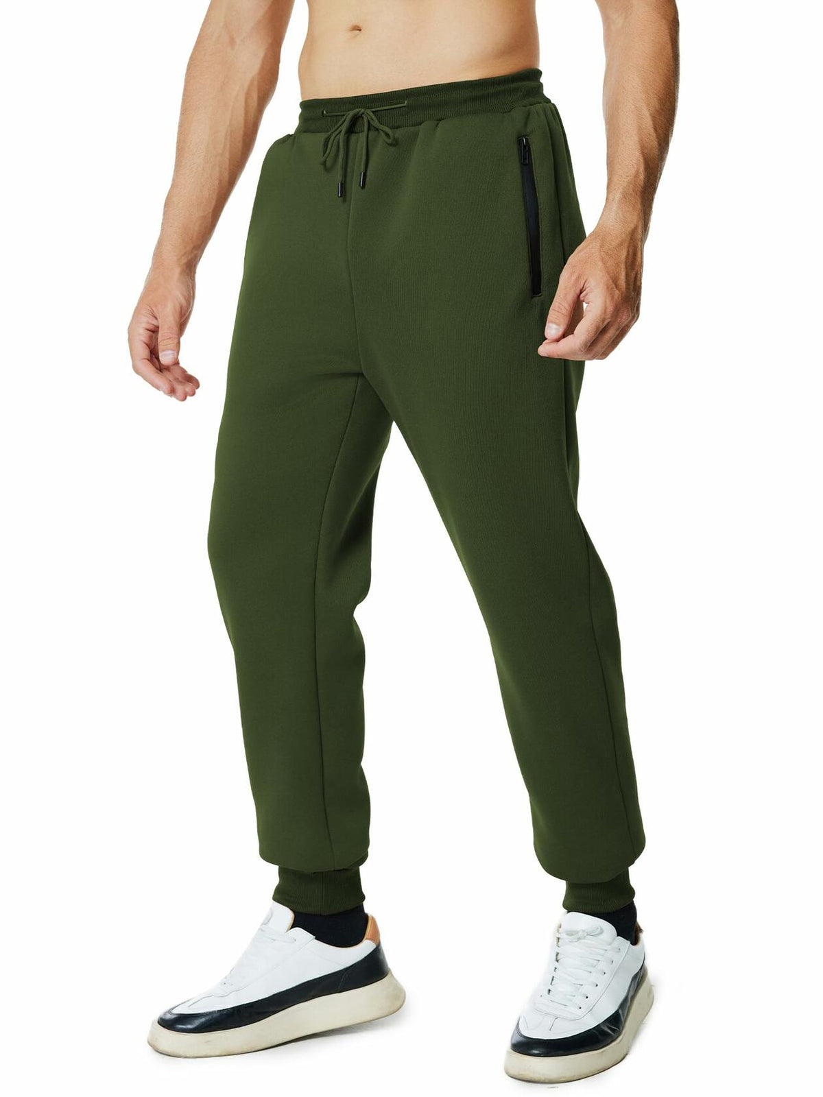 Menoio Mens Fleece Jogger Sweatpants Zipper Pockets Drawstring Green Size XL