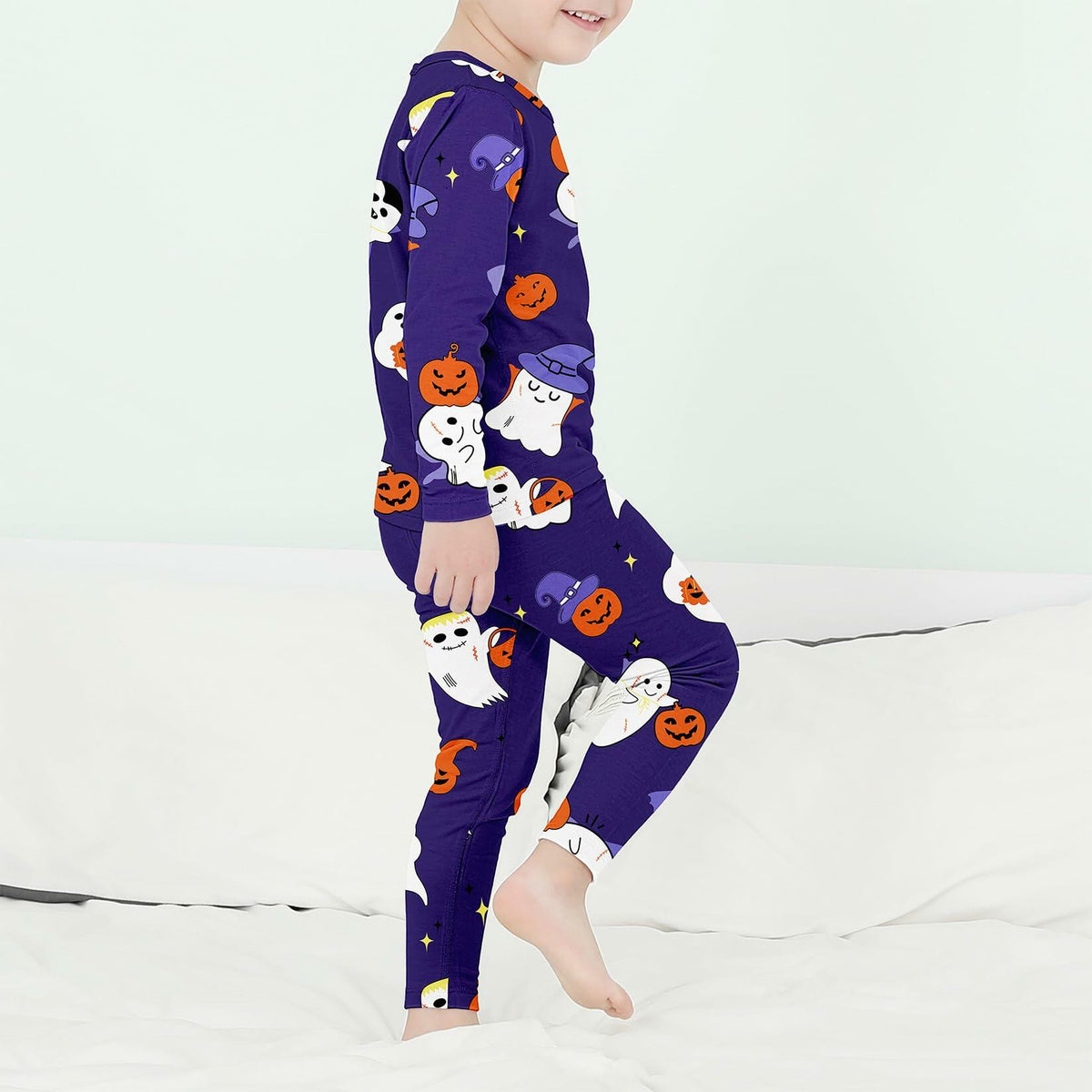 Kids Halloween Thermal Underwear Long Johns Base Layer Purple Ghost Size 2XL
