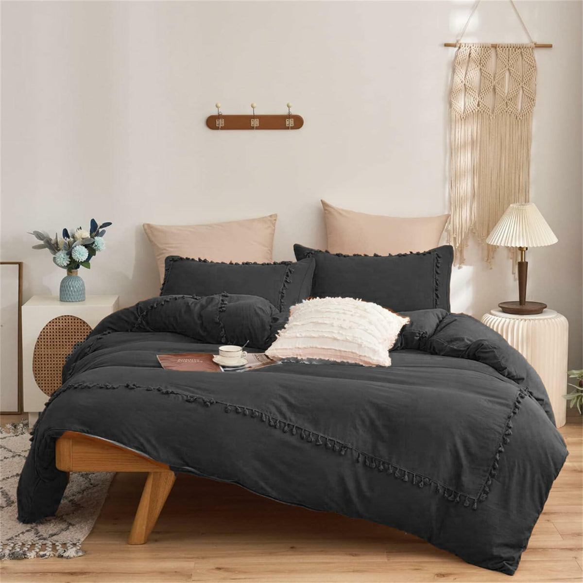 SOUKECHY Boho Chic Full Duvet Cover 3PC Tufted Tassel Fringe Boho Full