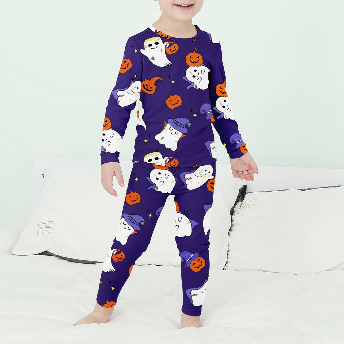 Kids Halloween Thermal Underwear Long Johns Base Layer Purple Ghost Size 2XL