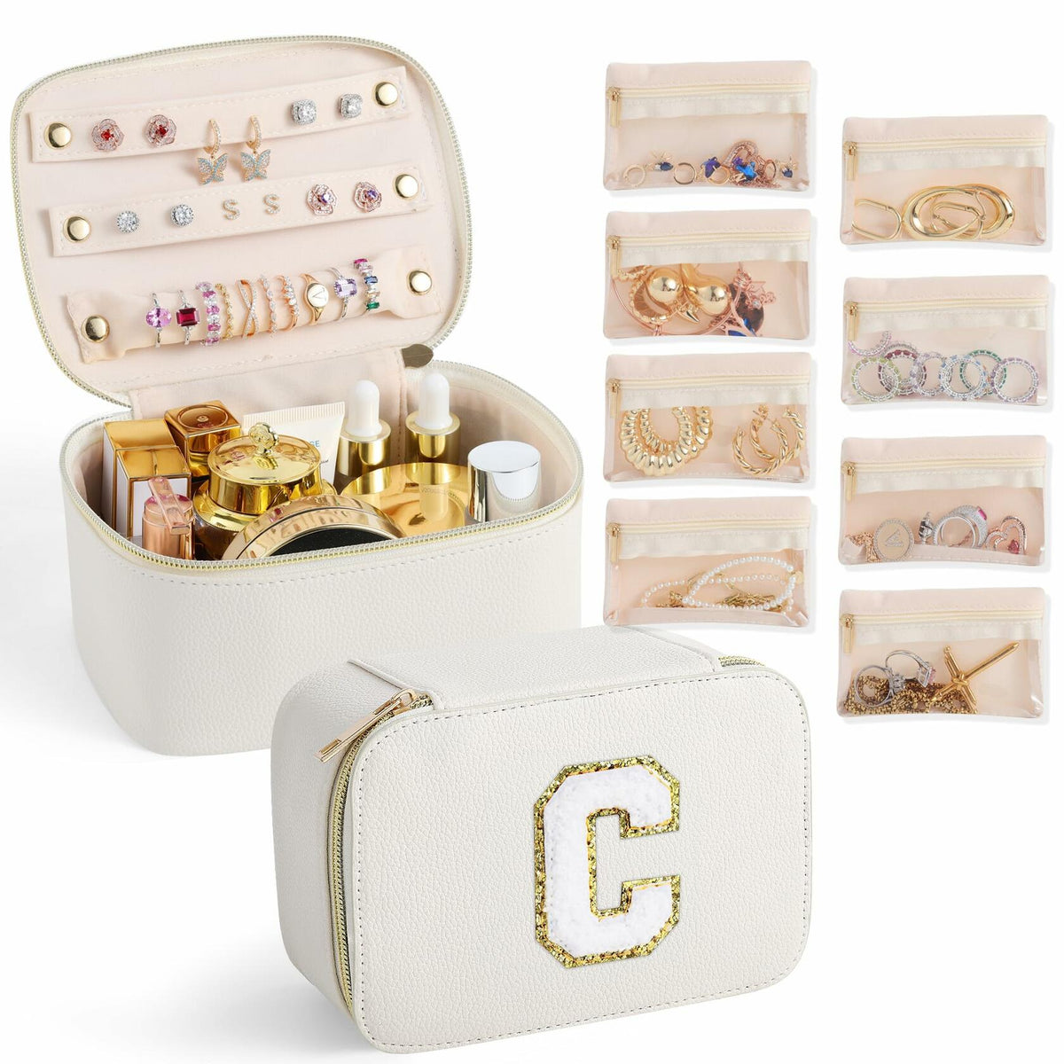 Parima Personalized Initial Makeup Bag Travel Jewelry Organizer Letter C White