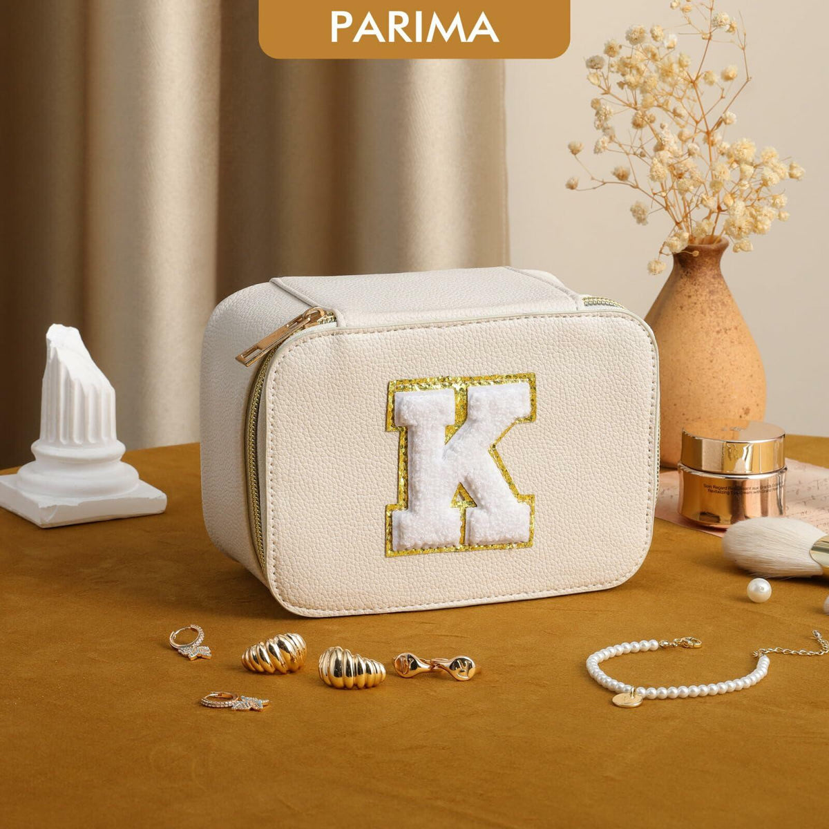 Parima Personalized Initial Makeup Bag Travel Jewelry Organizer Letter C White