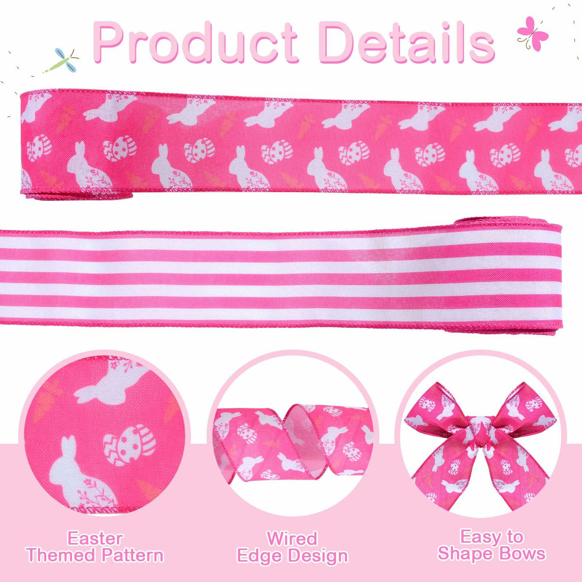 Pineraap Easter Wired Ribbon 2.5in x 10yd Pink Stripe 2 Rolls