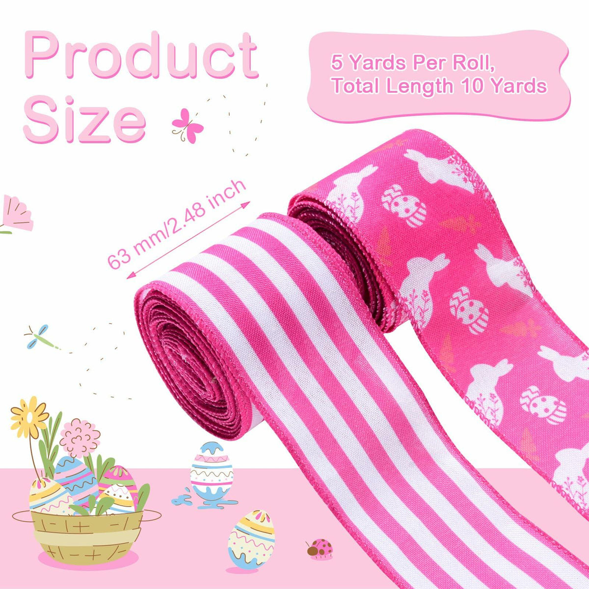 Pineraap Easter Wired Ribbon 2.5in x 10yd Pink Stripe 2 Rolls