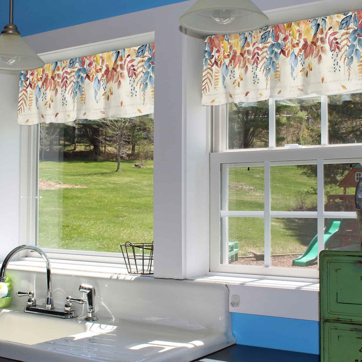 Autumn Botanical Leaf Valance Set 2 Panels 54x18in Watercolor Print