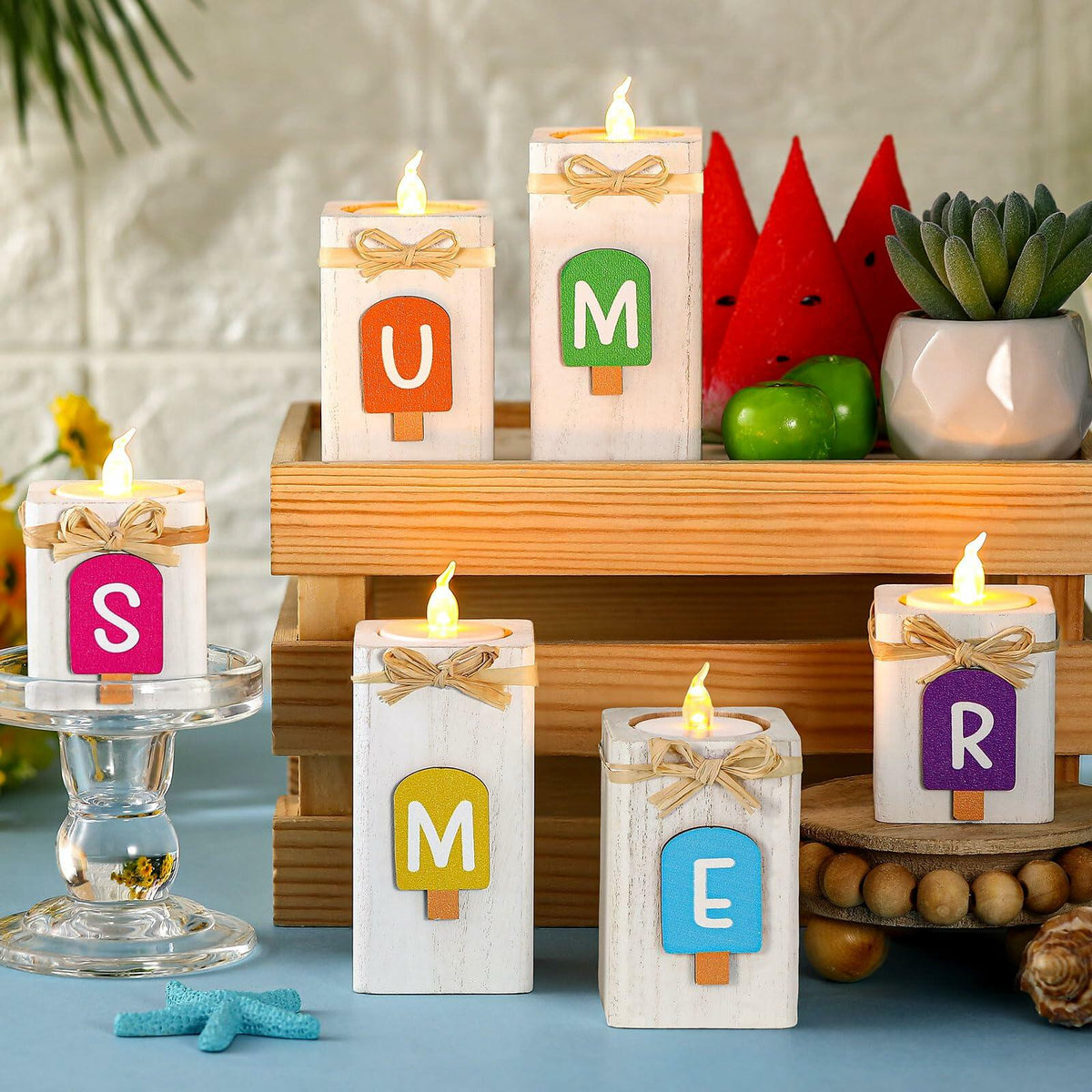 MiniInflat Summer Ice Cream Wooden Candlestick Set of 6 Colorful