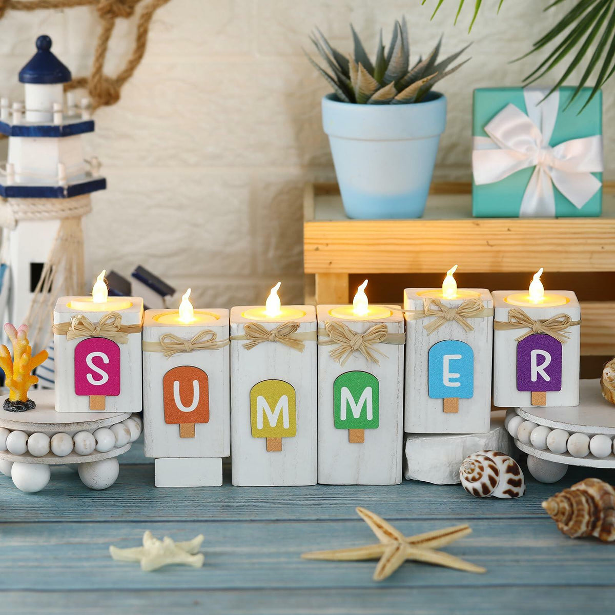 MiniInflat Summer Ice Cream Wooden Candlestick Set of 6 Colorful